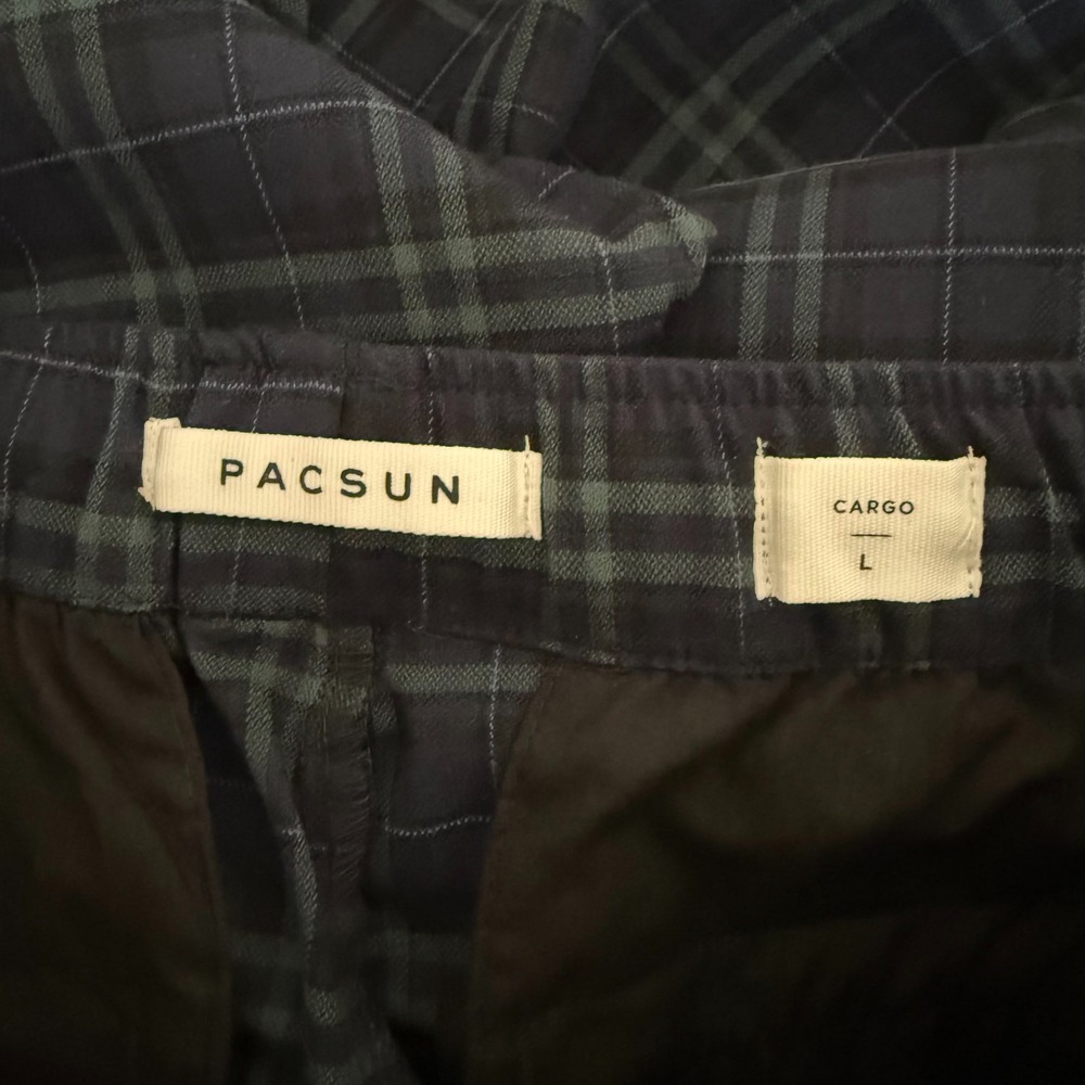 PacSun Cargo Pants Men's Large Navy Green Plaid Drawstring Waist Pockets Classic - Picture 5 of 10